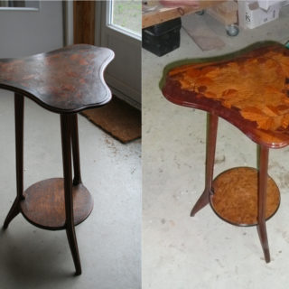 Guéridon restauré avant-après